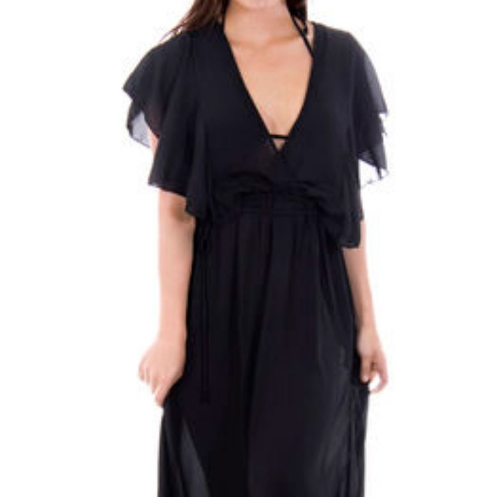 2X LG BLACK V-NECK Dress Coverup Boho Beautiful - Picture 2 of 3